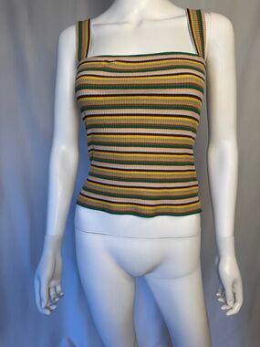 Ribbed Multistripe Square-Neck Tank Top in Mustard & Green